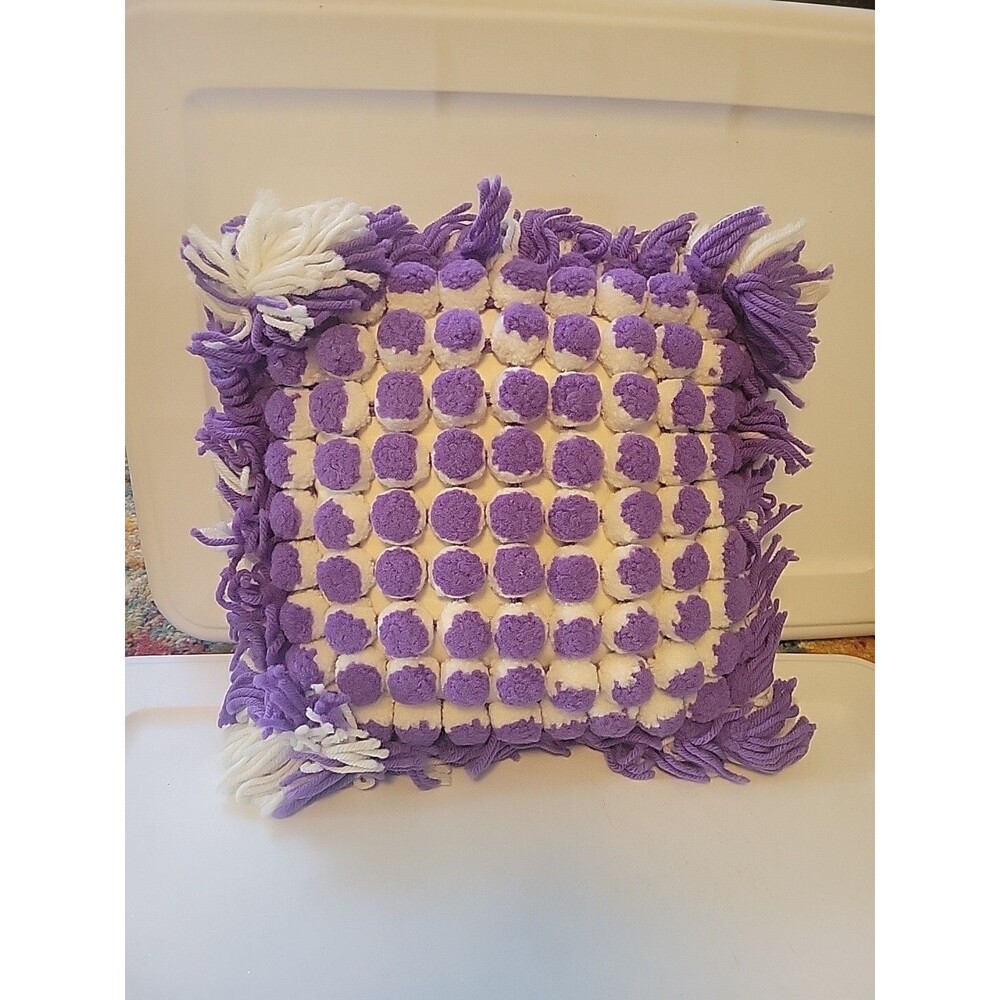 Vintage Throw Pillow Purple White Pom Pom Mcm 12" x 12" Retro Fringe Spring